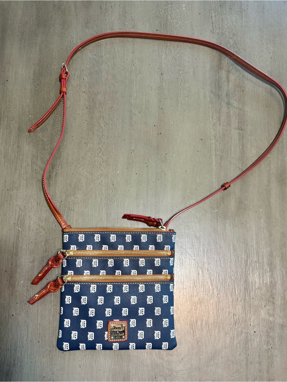 Dooney & Bourke Blue Crossbody with Brown Trim and Red Strap